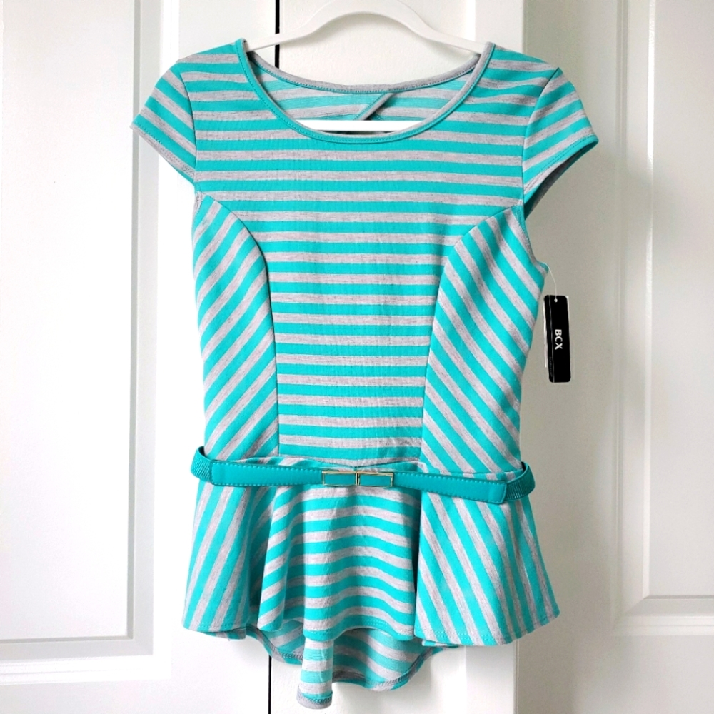 NWT BCX Teal Stripe Lines Blouse top with Belt Size Small